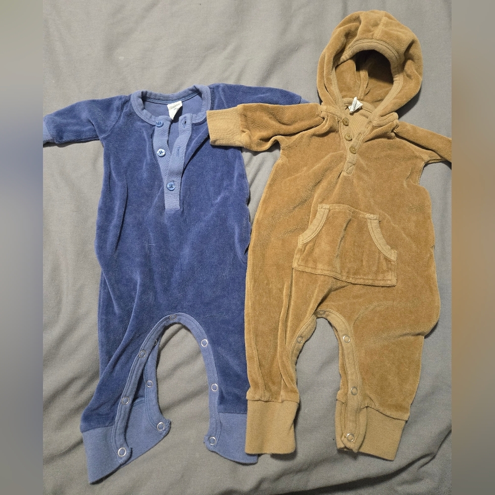 Kate Quinn Velour Union Onesies Blue and Tan With Hood